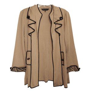 Ming Wang Tan Ruffle Collar Knit Cardigan Sweater